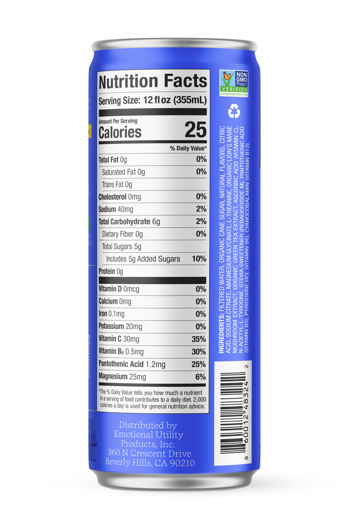 Classic Cola Sparkling Beverage with Nootropics & Adaptogens, Motivation and Mood Support, 12oz Cans, 50mg Organic Green Tea Caffeine, 25 Calories per Can