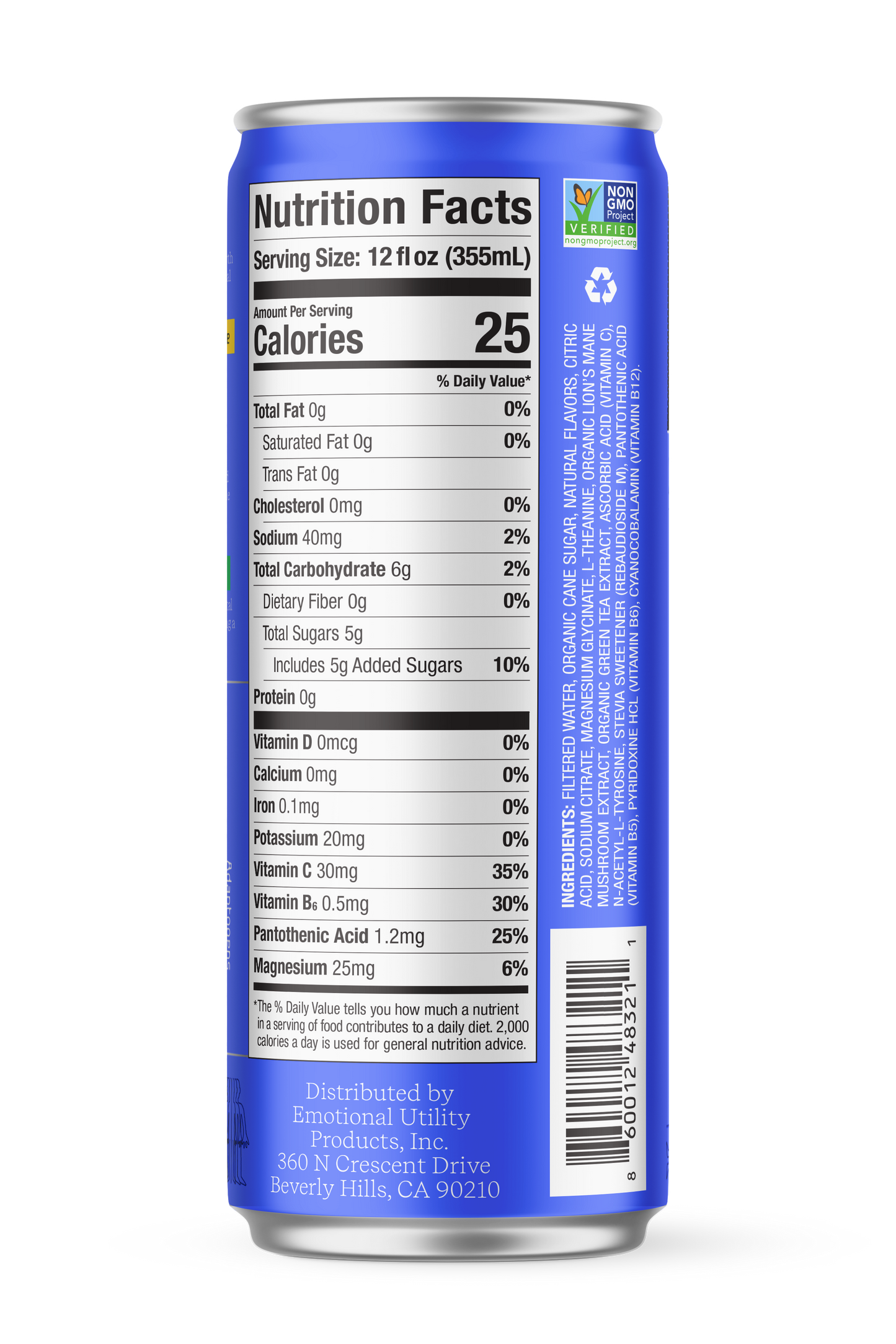 Mango Passionfruit Sparkling Beverage with Nootropics & Adaptogens, Motivation and Mood Support, 12oz Cans, 50mg Organic Green Tea Caffeine, 25 Calories per Can