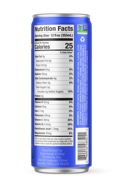 Mango Passionfruit Sparkling Beverage with Nootropics & Adaptogens, Motivation and Mood Support, 12oz Cans, 50mg Organic Green Tea Caffeine, 25 Calories per Can