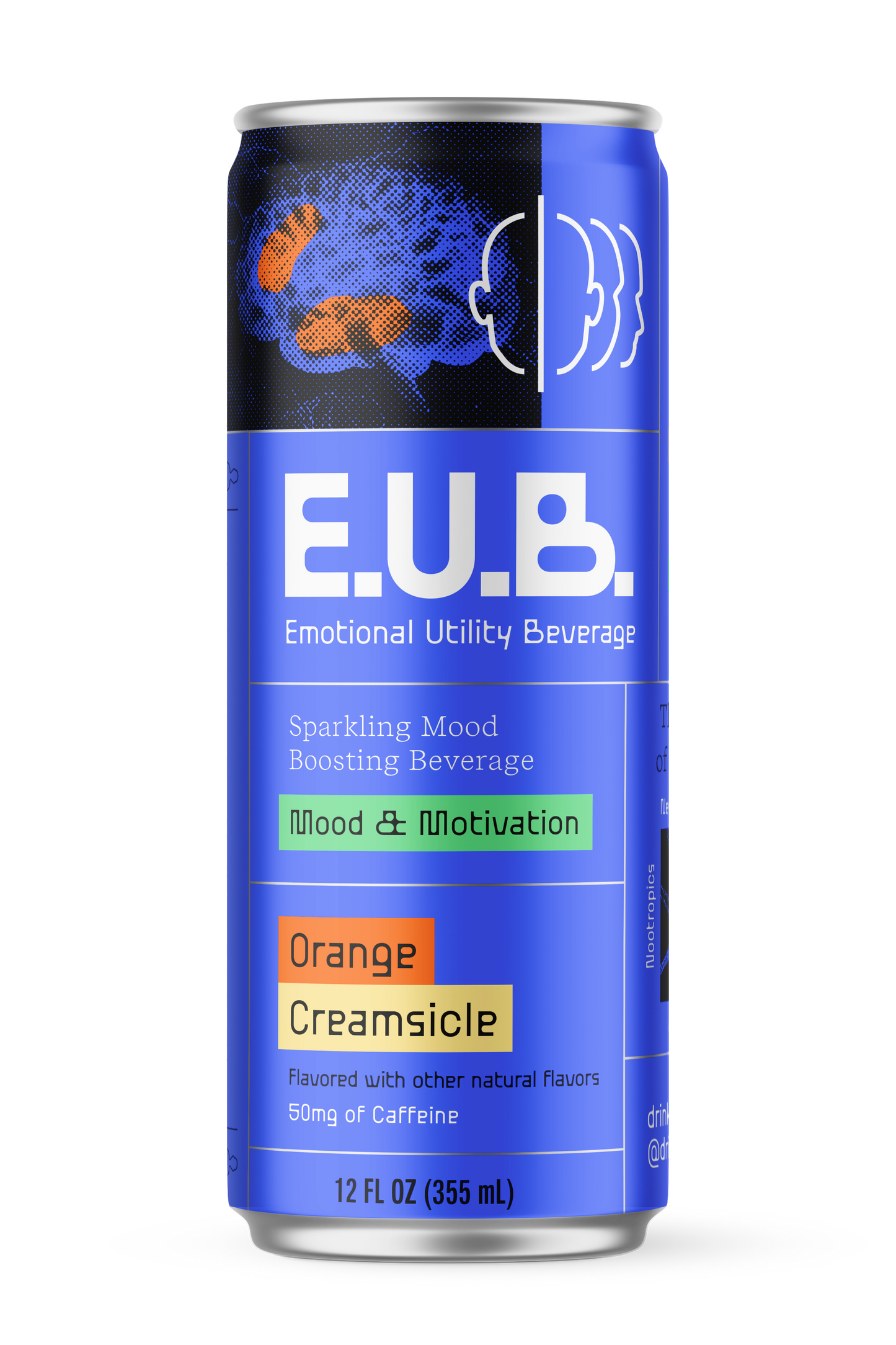 Orange Creamsicle Sparkling Beverage with Nootropics & Adaptogens, Motivation and Mood Support, 12oz Cans, 50mg Organic Green Tea Caffeine, 25 Calories per Can