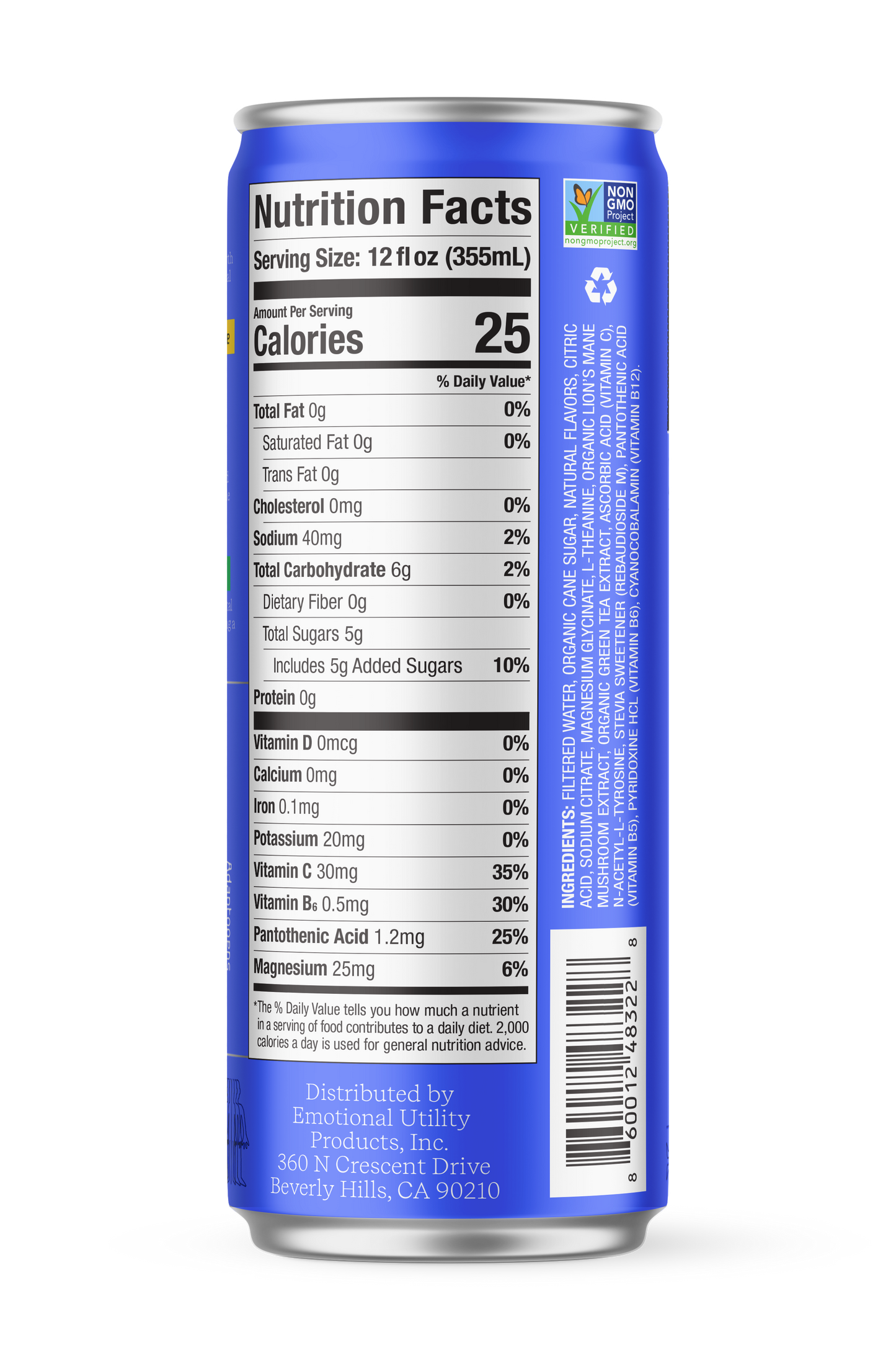 Orange Creamsicle Sparkling Beverage with Nootropics & Adaptogens, Motivation and Mood Support, 12oz Cans, 50mg Organic Green Tea Caffeine, 25 Calories per Can